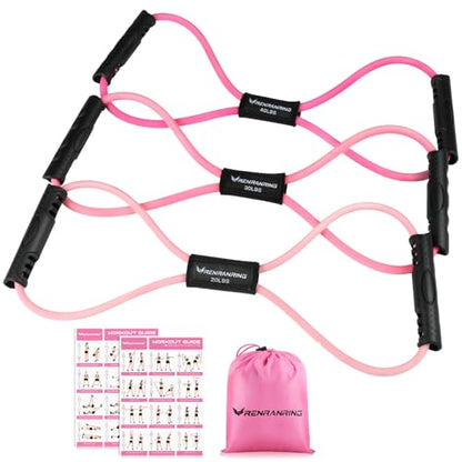 RENRANRING Figure 8 Fitness Resistance Bands with Handles - Exercise Tube Band Set of 3 for Arm and Shoulder Stretch, Rope 8 Word Elastic for Women and Men - color: Pink series