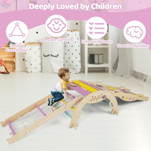 Costzon Pikler Triangle Set, 9-in-1 Foldable Baby Climbing Toys, Wood Montessori Climbing Set for Learning and Motor Skills, Indoor Playground Jungle Gym for Toddlers 3+ Climber Gifts (Pink) - style: 9 in 1 Arch Climber Ladder, Pink
