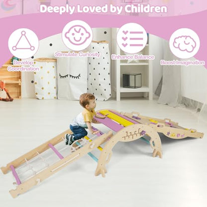 Costzon Pikler Triangle Set, 9-in-1 Foldable Baby Climbing Toys, Wood Montessori Climbing Set for Learning and Motor Skills, Indoor Playground Jungle Gym for Toddlers 3+ Climber Gifts (Pink) - style: 9 in 1 Arch Climber Ladder, Pink