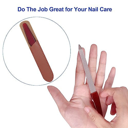3 Pack Metal Nail File with Sharp Pointed Tip and Leather Sheath Case for Natural Nails, 5 Inches Fingernail Files Stainless Steel Manicure Double Sided Sapphire Grit Nail Filer Silver Brown