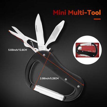 Multitool Carabiner with Pocket Knife, Stocking Stuffers Gifts for Men,Bottle Opener,Nail file,Small Scissors,EDC Carabiners Keychain,Survival Gear for Camping Hiking（Black) - color: Black