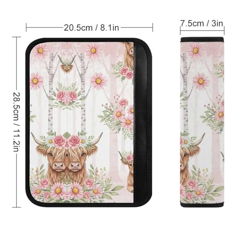 2PCS Pink Cattle Daisy Highland Cow Seat Belt Cover Breathable Automotive Seat Belt Protector for Adult Use, Most Cars, Pressure Relief - color: Pattern 896