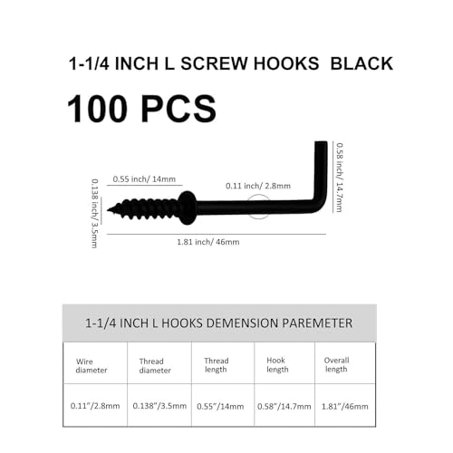 100 PCS 1-1/4 Inch Black Screw in L Hooks, 7 Shaped Right Angle Screw Hooks for Hanging Lamp,Plants,Decorations,kitchenware and DIY Crafts - size: 1-1/4inch 100pcs