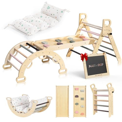 BlueWood Pikler Triangle Set, Foldable Wooden Toddler Climbing Toys Indoor Playground Jungle Gym Montessori Philosophy Climber for 2-6 Years Old, Baby, Kids (Mauve Pink, with Cushion) - color: Mauve Pink