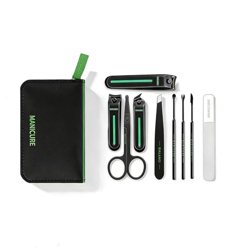 9-in-1 Manicure and Pedicure Kit for Men & Women, Travel Nail Clipper Set with Stainless Steel Tools & Glass Nail File, Portable Grooming Kit in PU Leather Case, Personal Care Gift - color: Green-Black