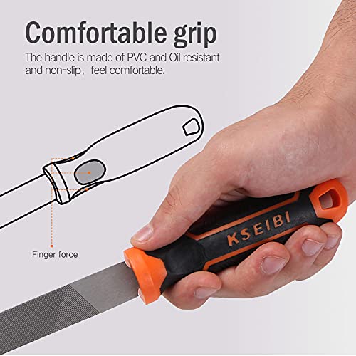 KSEIBI 311485 Metal File Set with High-Carbon Steel Blades - Ergonomic Soft-Grip Handles, 8-Inch Files in Flat, Round, and Half-Round Shapes for Wood and Metal Work