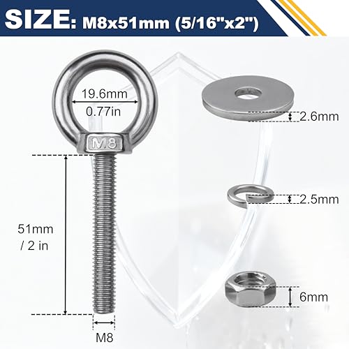 4 Pack M8 Stainless Steel Eye Bolts with Nuts, 5/16" x 2" Eye Bolts | 304 Stainless Steel Eye Bolt,Eye Bolts Heavy Duty for Hang Tie Down Outdoor,m8 eye bolt,Long Lifting Ring Eye Bolt - size: M8x51mm (5/16"x2")