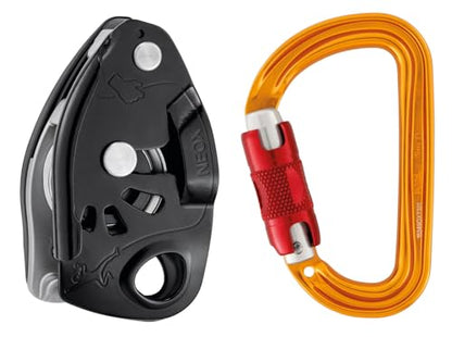 PETZL NEOX Rock Climbing Belay Device | With Cam-Assisted Blocking - color: Black + Sm'D TWIST-LOCK