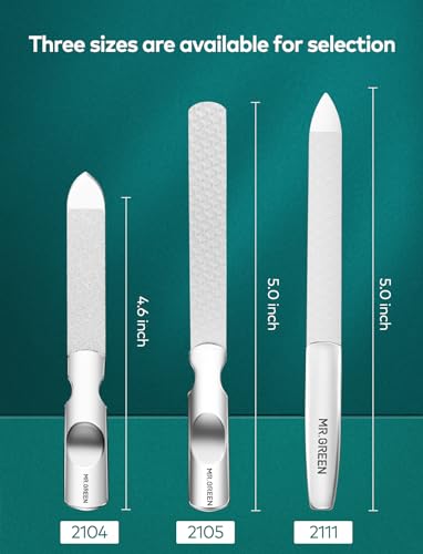 MR.GREEN Professional Double Sided Stainless Steel Nail File with Non-Slip Handle and Leather Case, Pointed Nail Buffering Files Washable - size: MR-2111