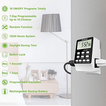 Outlet Timer, NEARPOW Dual Digital Light Timer with 2 Independently-controlled Outlets, 18 ON/OFF Programs, 24-Hour and 7-Day Programmable,Indoor Heavy Duty Electrical Timer Switch, 3 Prong, 15A/1800W | 18 ON/OFF Programs, 24-Hour Weekly Heavy Duty 15A/18