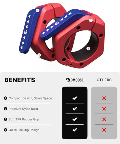 DMoose Fitness Barbell Clips 2 Inch (Pair) - Quick Release Olympic Barbell Clamps & Collars with Anti Slip TPR Grip for Secure Weightlifting and Powerlifting - Weight Clips for Bars at Home or Gym - color: American, style: Non Magnetic