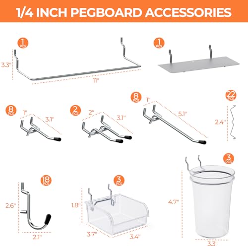 INCLY 70PCS Metal Peg Board Kit with 1/4" Pegboard Accessories | 4 Pack Panels, Bins, Cups and Peg Board Hooks, Paper Towel Holder, Pegboard Wall Organizer, For Craft Room, Office, Sewing - size: 70 PCS