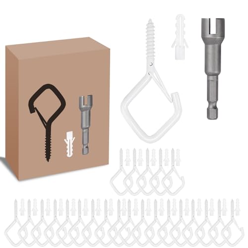 50 PCS White Eye Screw Hooks for Hanging Heavy Duty with Safety Buckle.Metal Ceiling Hooks for Hanging Plants Cup Wind Chime Bird Feeders Patio Lights At Indoor&Outdoor - color: White, size: 50Pcs