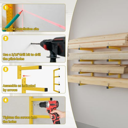 4-Pack Lumber Storage Rack, Wood Storage Racks Wall Mount, Heavy Duty Garage Wood Organizer with 8-Level System, Yellow Utility Rack Organization Up 1600 Lbs, Metal Lumber Shelf for Indoor & Outdoor - style: D– 4 Pack, 8-Tier