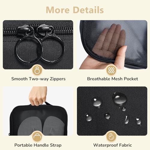 Black Shoe Bag for Travel, 2 Layers Waterproof Shoes Organizer | Holds 3 Pairs,Trolley Strap,Easy Clean Lining,Leak Proof,Dual Zippers - color: ClassicBlack