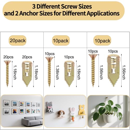80PCS Self Drilling Drywall Anchors and Screws Kit, Upgraded 3 Sizes Zinc Plated Steel Self Drilling Drywall Anchors Screws, No Pre-Drill No Holes, Metal Screw Anchors Kit for Wall Hanging