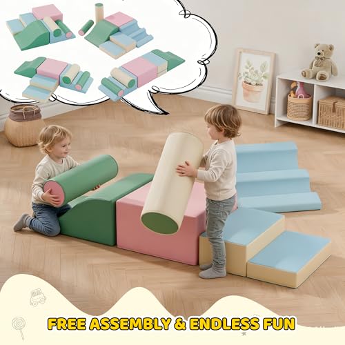Soft Climbing Toys for Toddlers, 7-Piece Foam Climbing Blocks with PU Leather Cover, Modular Climb and Crawl Activity Play Set for Indoor Playroom (Pink)
