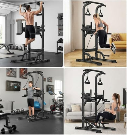 Freestanding Power Tower Dip Station, Adjustable Pull Up Bar for Home Gym with Backrest & Resistance Bands, 450 LBS Heavy Duty Multi-Function Calisthenics Workout Equipment for Adults & Teens