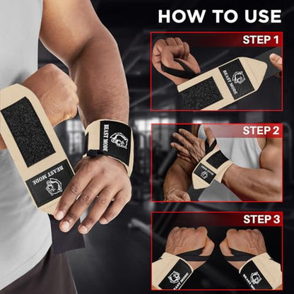 TECEUM Weightlifting 18" & 12" Wrist Wraps with Thumb Loop – Heavy Duty Wrist Workout Braces for Men and Women – Ideal for Powerlifting, Strength Training, Bodybuilding - color: Beige, style: 18" – Arms on Fire