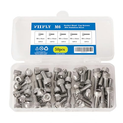 M6-1.0 Socket Head Cap Screws - 8/10/12/16/20mm Length Kit, 304 Stainless Steel (A2-70), Allen Drive,Bright Finish, Fully Threaded, 50-Piece Set - size: M6-8-20mm（50pcs）