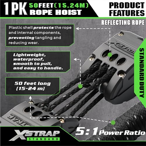 XSTRAP STANDARD 50FT Reflective Rope Hoist 1 Ton 5:1 Block & Tackle w/Loops | 2000Lbs Break Strength, 1 ton wheel block & tackle pulley, includes 2PK 18" soft loops, reflective heavy-duty hoist - color: 50ft Reflective Upgraded