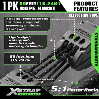 XSTRAP STANDARD 50FT Reflective Rope Hoist 1 Ton 5:1 Block & Tackle w/Loops | 2000Lbs Break Strength, 1 ton wheel block & tackle pulley, includes 2PK 18" soft loops, reflective heavy-duty hoist - color: 50ft Reflective Upgraded