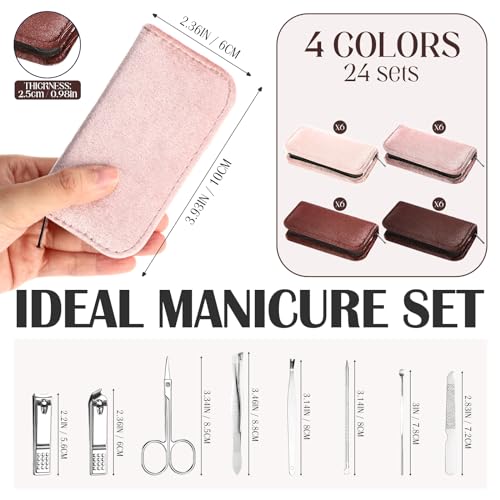 Coume 24 Sets Mini Manicure Set Bulk for Women Men Gifts for Coworkers Nail Grooming Kit 8 in 1 Nail Clippers Kit Luxurious Travel Case Stainless Steel Nails Clipper Set(Brown Series) - color: Brown Series