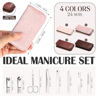 Coume 24 Sets Mini Manicure Set Bulk for Women Men Gifts for Coworkers Nail Grooming Kit 8 in 1 Nail Clippers Kit Luxurious Travel Case Stainless Steel Nails Clipper Set(Brown Series) - color: Brown Series