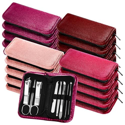 Coume 24 Sets Mini Manicure Set Bulk for Women Men Gifts for Coworkers Nail Grooming Kit 8 in 1 Nail Clippers Kit Luxurious Travel Case Stainless Steel Nails Clipper Set(Red Series) - color: Red Series
