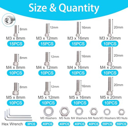 405PCS M3 M4 M5 Metric Screw Assortment Kit, 8-20mm Hex Socket Head Cap Screws Bolts Nuts Washers Assortment Kit, 304 Stainless Steel Metric Bolts with 3 Hex Wrench - size: SS M3 M4 M5, style: Socket Head