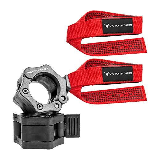 24" Padded Weightlifting Straps with X-Grip + 2 Quick Release Barbell/Dumbbell Collar Clamps - color: Red