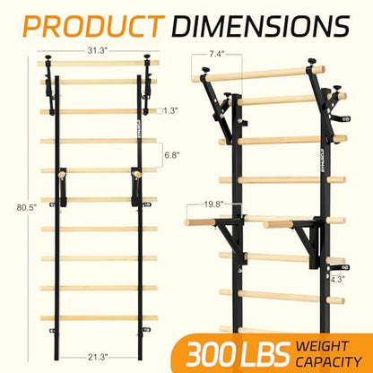 Wood Swedish Ladder Stall Bars with Adjustable Double Support Arms, Wooden Gymnastics Wall Climbing Bars for Home Gym, Exercise Rehabilitation, Hanging Pull Up & Core Balance Training Station