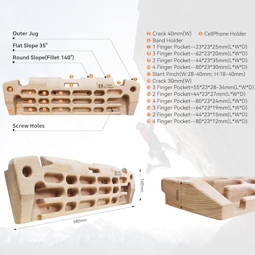 Two Stones Hangboard Rock Climbing Hangboard with Phone Holder, Band Holder, Jugs, Pinches, Pockets, Edges and Slopes; Wood Hang Board for Climbing