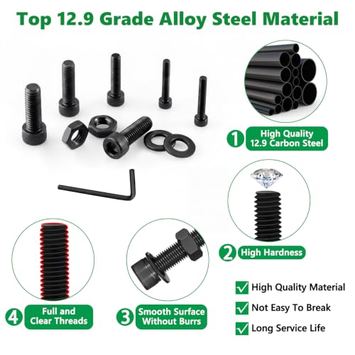 178 Pcs M6 12.9 Black Steel Socket Cap Screws Nuts Washers Kit | High-Tensile, M6 x 8mm to 35mm with Flat & Spring Washers and Wrench for Automotive and DIY, Clear Label Storage Box - size: M6 178pcs 3