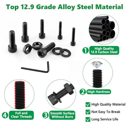 178 Pcs M6 12.9 Black Steel Socket Cap Screws Nuts Washers Kit | High-Tensile, M6 x 8mm to 35mm with Flat & Spring Washers and Wrench for Automotive and DIY, Clear Label Storage Box - size: M6 178pcs 3