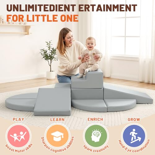 TODIBY 9-Piece Climbing Toys for Toddlers: Soft PU Leather Foam Blocks - Baby Climb and Crawl Activity Blocks - Kids Play Gym Equipment Indoor for Development(Grey) - style: Grey