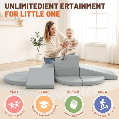 TODIBY 9-Piece Climbing Toys for Toddlers: Soft PU Leather Foam Blocks - Baby Climb and Crawl Activity Blocks - Kids Play Gym Equipment Indoor for Development(Grey) - style: Grey