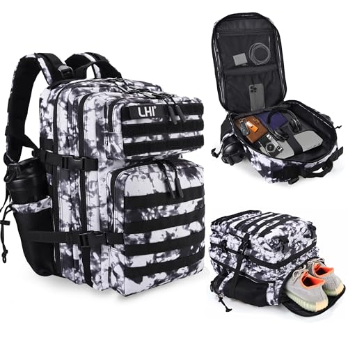 LHI Military Tactical Backpack for Men and Women 45L Army 3 Days Assault Pack Bag Large Rucksack with Shoe Compartment - color: 1.6 Black and White