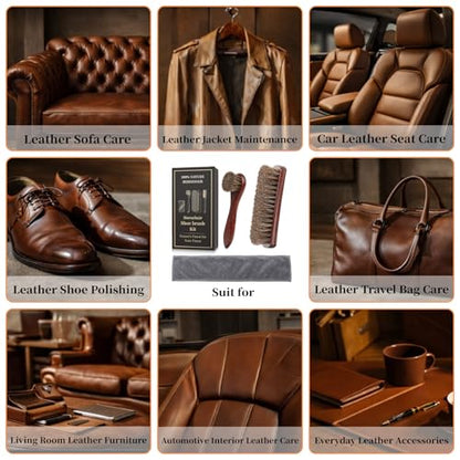 3PCS 100% Horse Hair Shoe Brush Set for Leather Boots Horsehair Brush for Polishing Cleaning Buffing Professional Shoe Shine Kit for Men Suede Boot Care Conditioner Accessories Tool