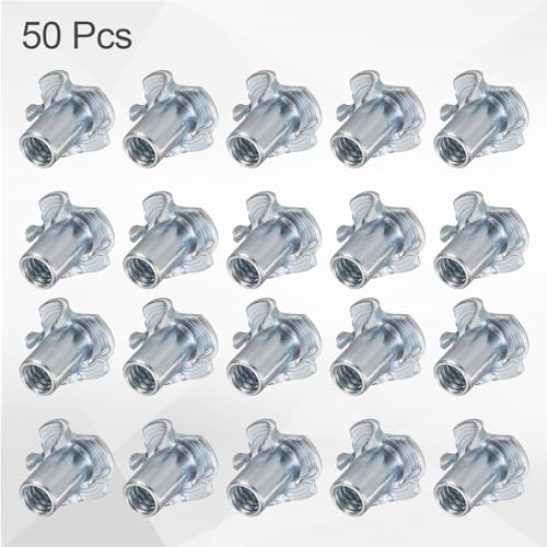 HARFINGTON 1/4x14mm T-Nuts 4 Pronged Tee Nut 0.68" x 0.55" Fully Thread Carbon Steel Inserts for Wood, Rock Climbing Holds, Cabinetry, Furniture 50pcs - size: 1/4" x 0.55" x 0.68" x 0.55"