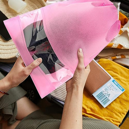 Large Pink Travel Shoe Bags - 10 Pcs, Non-Woven Drawstring with Clear Window (12.6" X 17.3") - color: Pink, style: 10 Pack