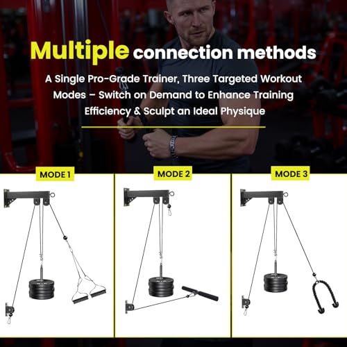 Pulley System for Home Gym, Wall Mount LAT Pull Down Machine Attachment with 3 Handles, for Back, Arm, and Chest Workout