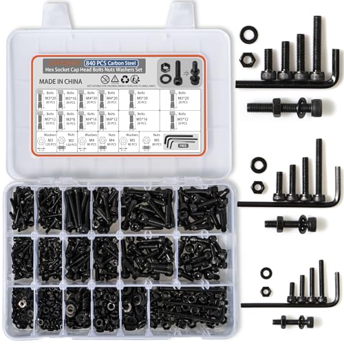 Metric Socket Head Cap Screws & Bolts Assortment Kit, M3 M4 M5 Machine Screws Nuts & Washers Set, 840PCS Grade12.9 Alloy Steel Kit