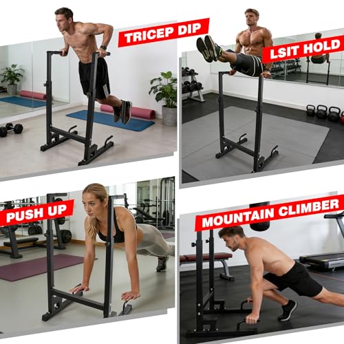 Dip Station, Adjustable Height 6-Level Multi-Function Pull Up Bar Stand | Heavy Duty Steel Dip Bars for Home Gym, Tricep Dips L-Sit Push Up Calisthenics Workout Equipment, Supports 500 LBS