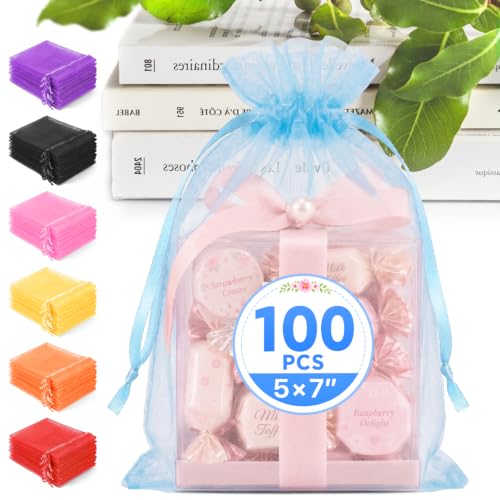 ANZNKU 100PCS Organza Bags 5x7 Blue Small Gift Mesh Drawstring Bag | Party Favor Goody Gift Bag Pouch for Jewelry Candy Treat Soap Sachet, Use for Wedding Birthday Baby Shower Graduation - color: Sky Blue-5"x7"