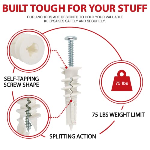 CrimsonMark 120Pcs #8 Self Drilling Drywall Anchors and Screws kit #8 x 1-1/4”- Superb Wall Anchors for Drywall, Holds Upto 75lbs – No Drill Hole Required with These Dry wall Screws and Anchors - size: Nylon
