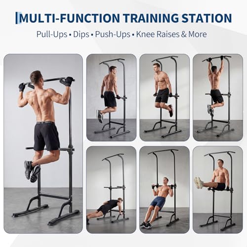 Power Tower Home Gym Strength Training Station Adjustable 10 Height Levels, Heavy-Duty Chin-Up Tower with Parallel Dip Handles, Bodyweight Workout Equipment for Pull-Ups, Dips, Knee Raises, Push-Ups, 330 Lb Capacity - color: Black