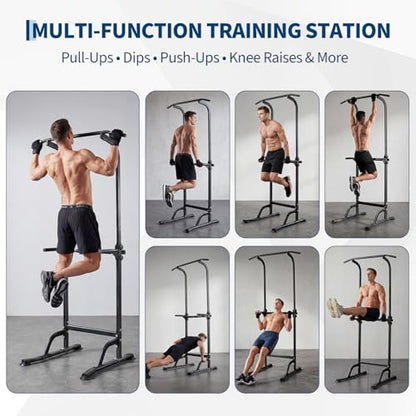 Power Tower Home Gym Strength Training Station Adjustable 10 Height Levels, Heavy-Duty Chin-Up Tower with Parallel Dip Handles, Bodyweight Workout Equipment for Pull-Ups, Dips, Knee Raises, Push-Ups, 330 Lb Capacity - color: Black