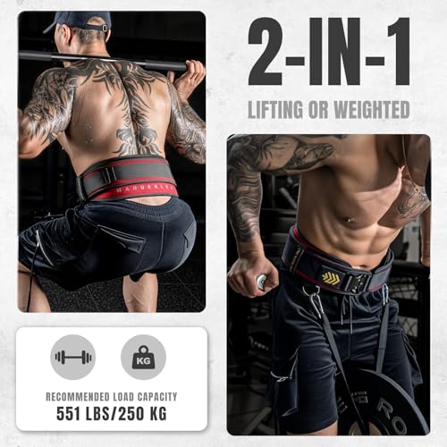 MANUEKLEAR 2-in-1 Weightlifting Belt & Dip Belt with 36.7 IN Rope, Double-Layer Weight Lifting Belts, Powerlifting Gym Weighted Belt for Pull Up Squat - color: Vibrant Red, size: L(34-37in)