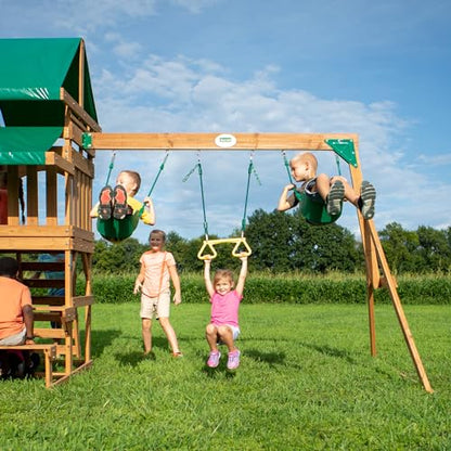 Backyard Discovery Belmont Cedar Wood Swing Set with Wave Slide, Play Deck, Rock Wall Ladder, Snack Bar Window, Shaded Picnic Area, Bench, Belt Swings, Trapeze, Sandbox Area, Canopy, Outdoor Playset - color: Green